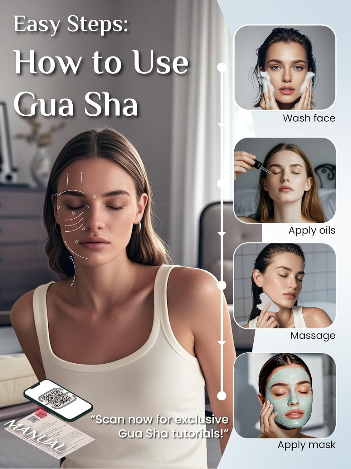 Gua Sha Facial Tools, Stainless Steel Guasha Tool for Acupuncture, Manual Massage Tool for Jawline Sculpting and Puffiness Reducing, Gua Sha Facial Massage Tool, Skin-Care Gift (Silver)